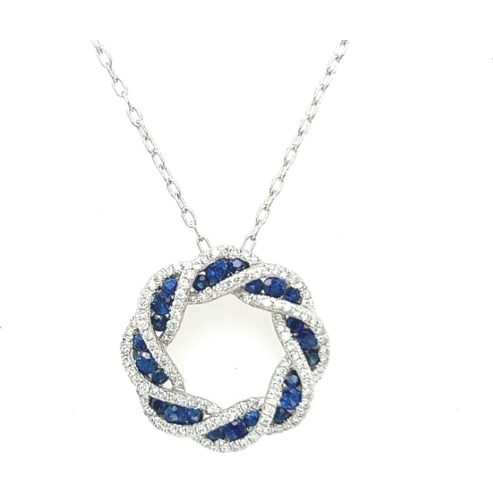 18K White Gold Open Circle Pendant Necklace with Blue Sapphires and Diamond Accents by Afarin