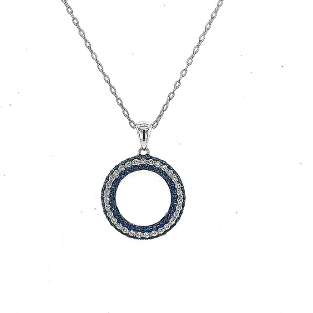 18K White Gold Open Circle Pendant Necklace with Blue Sapphires and Diamonds by Afarin