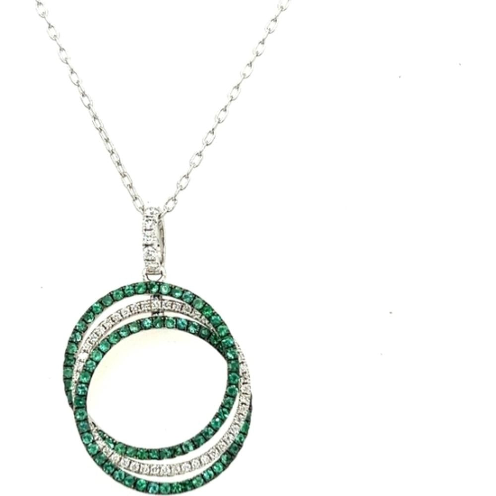 18K White Gold Open Circle Pendant Necklace with Round Emeralds and Diamonds by Afarin