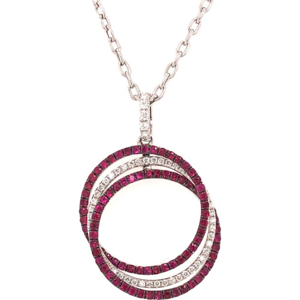18K White Gold Open Circle Pendant Necklace with Round Rubies and Diamond Accents by Afarin