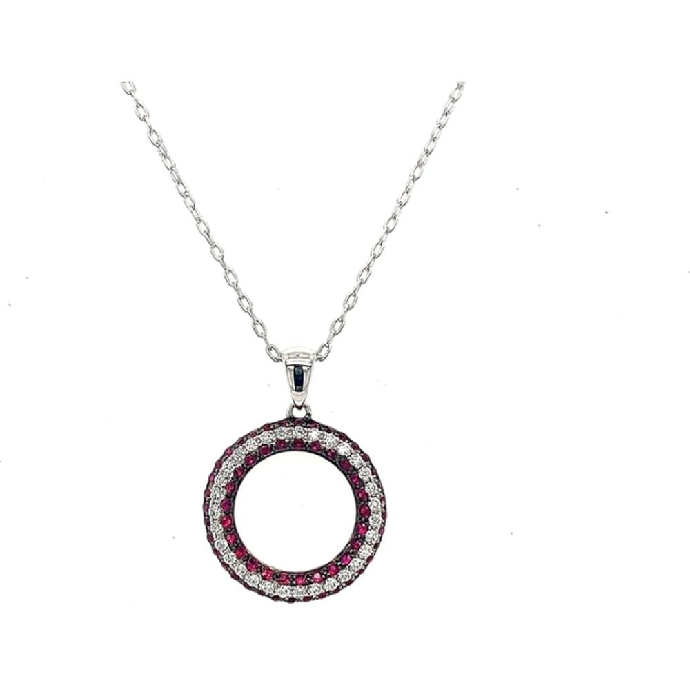 18K White Gold Open Circle Pendant Necklace with Round Rubies and Round Diamonds by Afarin