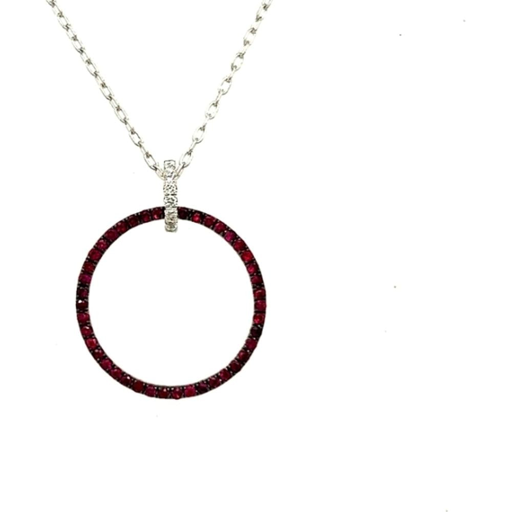 18K White Gold Open Circle Pendant Necklace with Rubies and Diamond Accented Bail by Afarin