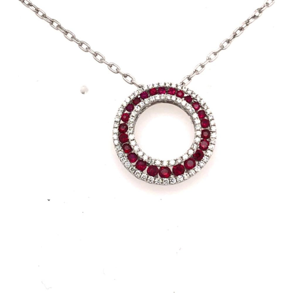 18K White Gold Open Circle Pendant with Round Rubies and Diamond Halo by Afarin