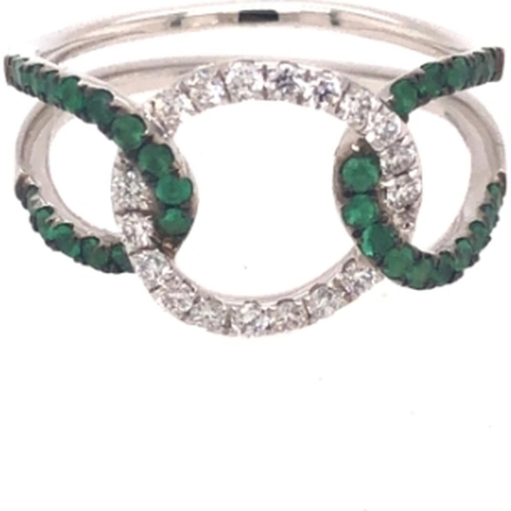 18K White Gold Open Circle Ring with Round Diamonds and Emerald Accents by Afarin