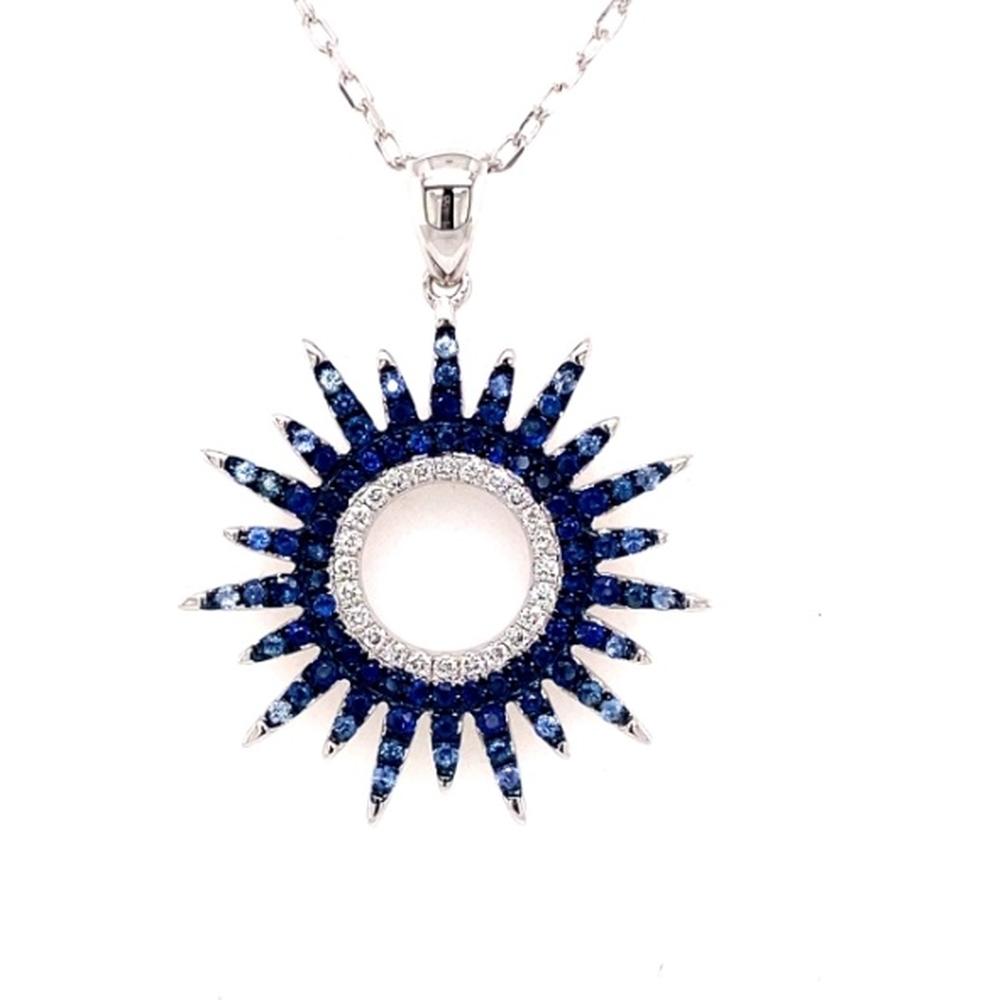 18K White Gold Open Circle Sunburst Pendant with Diamonds and Blue Sapphires by Afarin