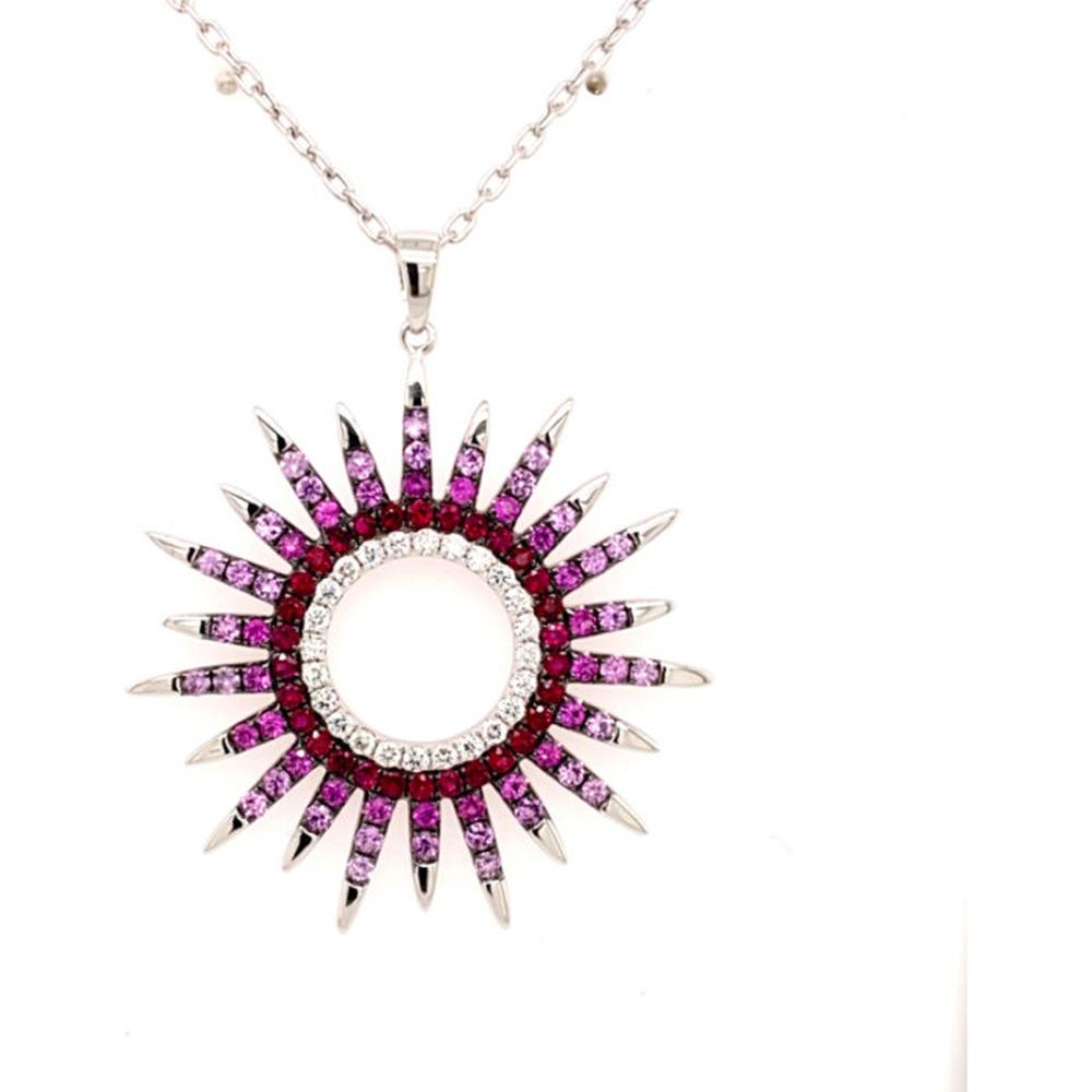 18K White Gold Open Circle Sunburst Pendant with Diamonds, Rubies and Pink Sapphires by Afarin
