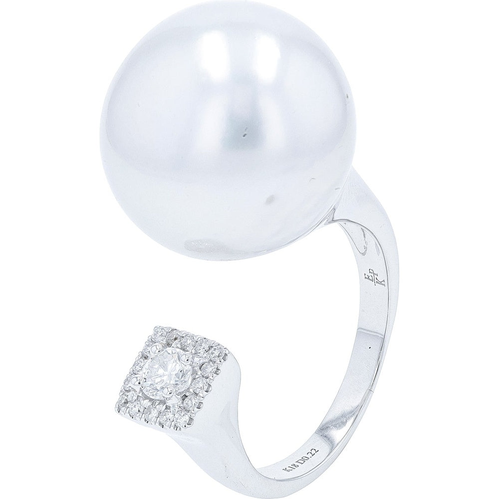 18K White Gold Open Cuff Ring with a 15mm Luminous Pearl and a Diamond Halo Accent - 0.22 Carat Total Diamond Weight