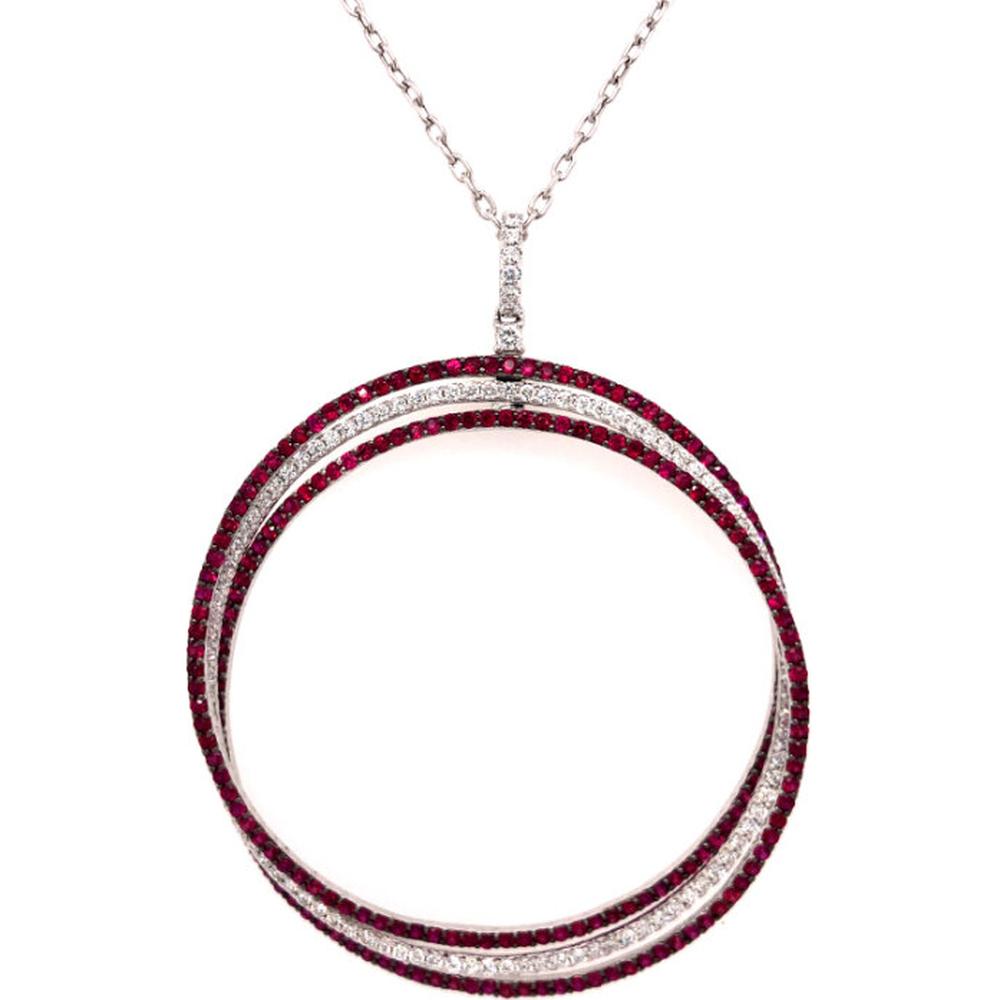 18K White Gold Open Double Circle Pendant Necklace with Rubies and Diamonds by Afarin