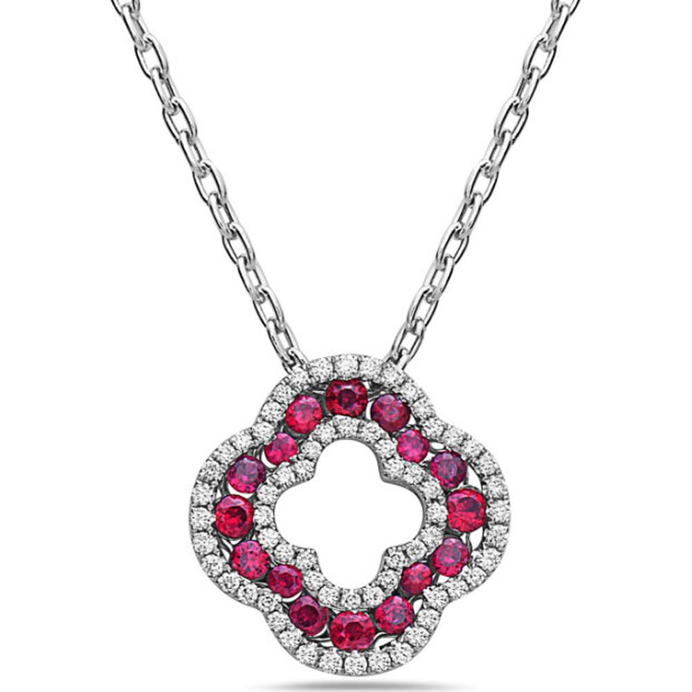18K White Gold Open Floral Pendant with Round Rubies and Diamond Halo by Afarin