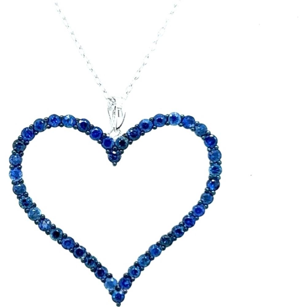 18K White Gold Open Heart Blue Sapphire Pendant Necklace by Afarin