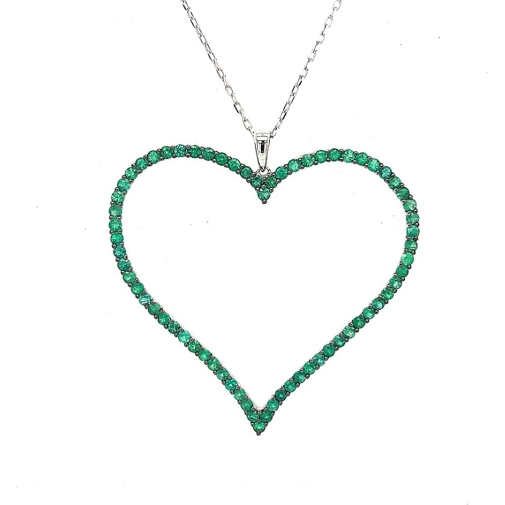 18K White Gold Open Heart Emerald Pendant Necklace by Afarin