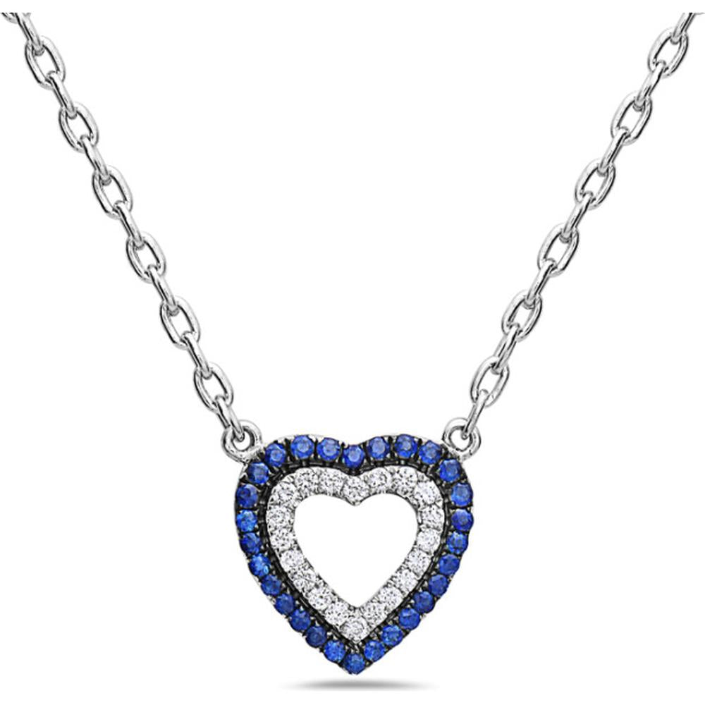 18K White Gold Open Heart Necklace with Round Blue Sapphires and Diamonds by Afarin