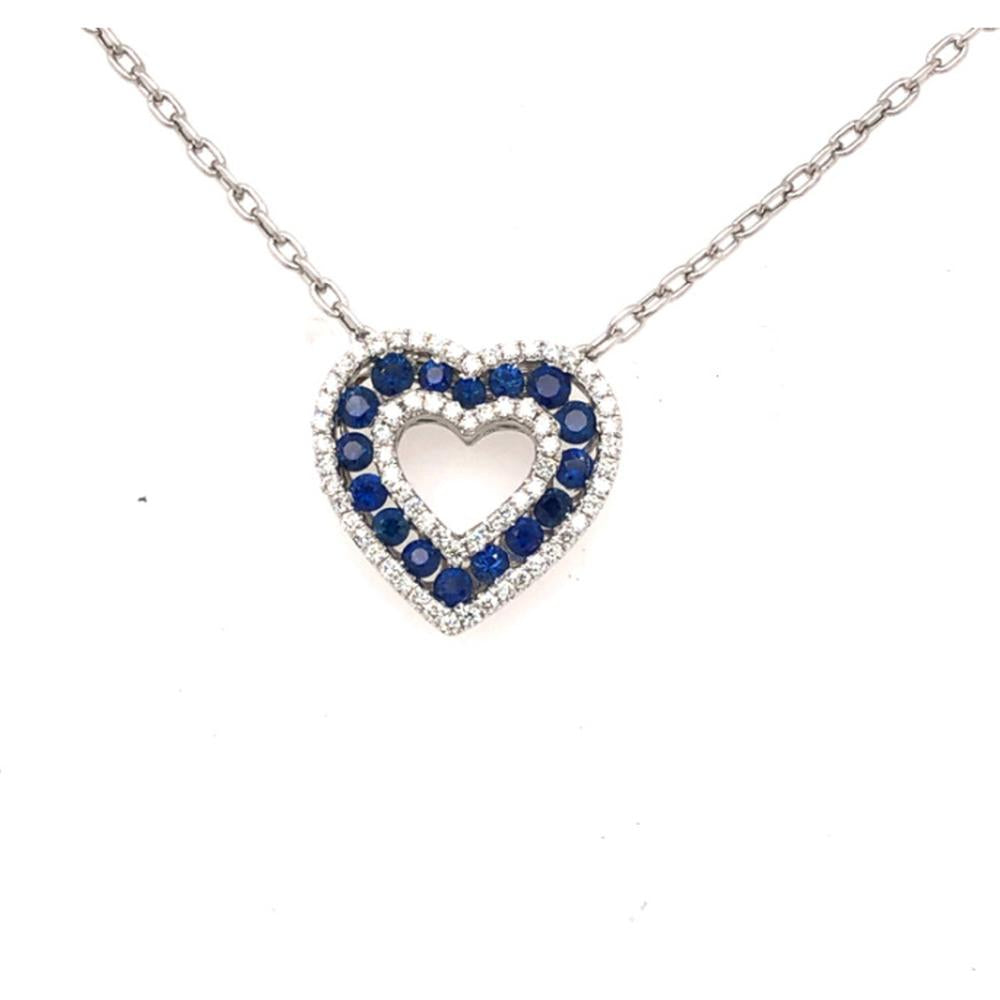 18K White Gold Open Heart Pendant Necklace with Blue Sapphires and Diamond Frame by Afarin