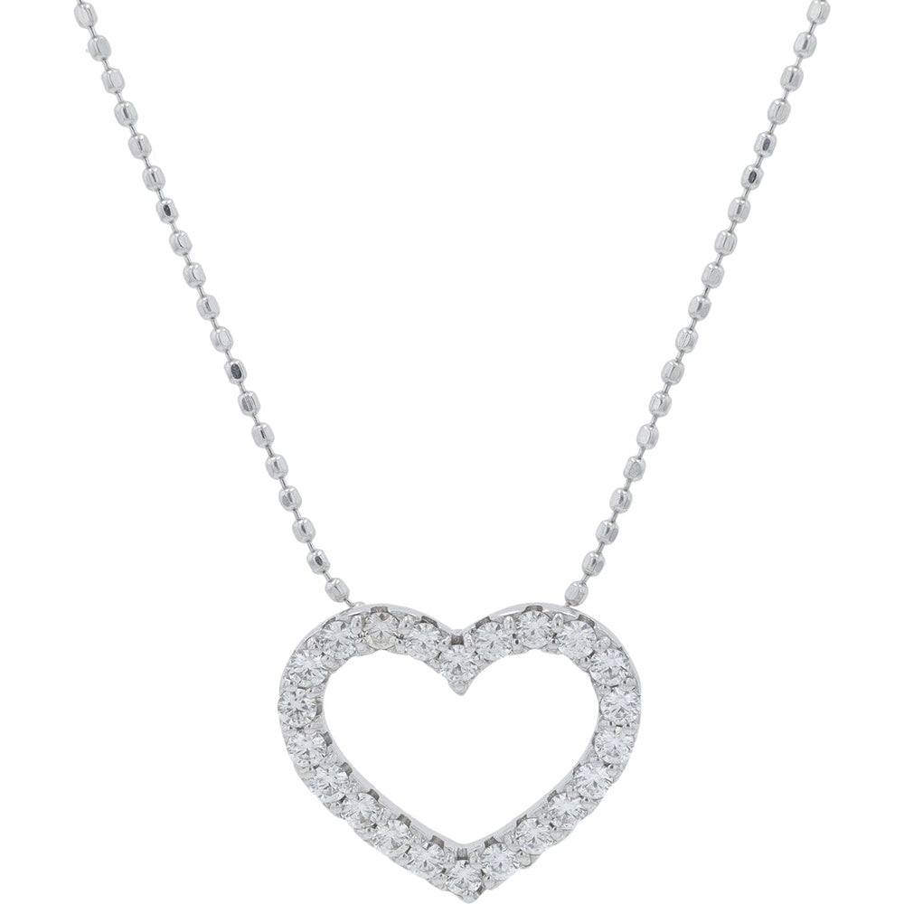 18K White Gold Open Heart Pendant Necklace with Prong-Set Round Diamonds - 0.30 Carat Total Diamond Weight on 18 Inch Chain