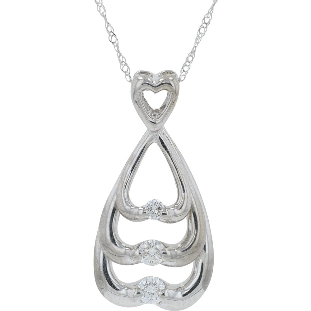 18K White Gold Open Heart Pendant Necklace with Three Round Brilliant Diamonds - 0.27 Carat Total Diamond Weight on 18-Inch Chain