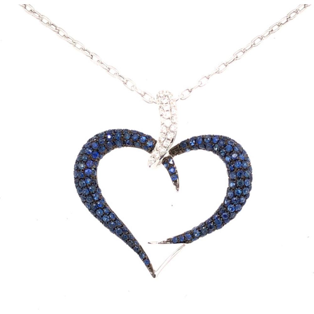 18K White Gold Open Heart Pendant with Blue Sapphires and Diamond Accents by Afarin