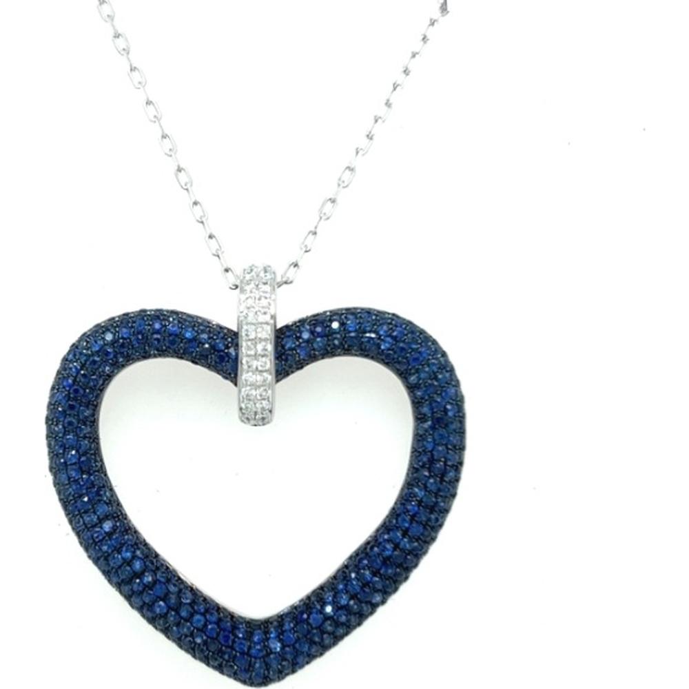 18K White Gold Open Heart Pendant with Blue Sapphires and Diamond-Set Bail by Afarin