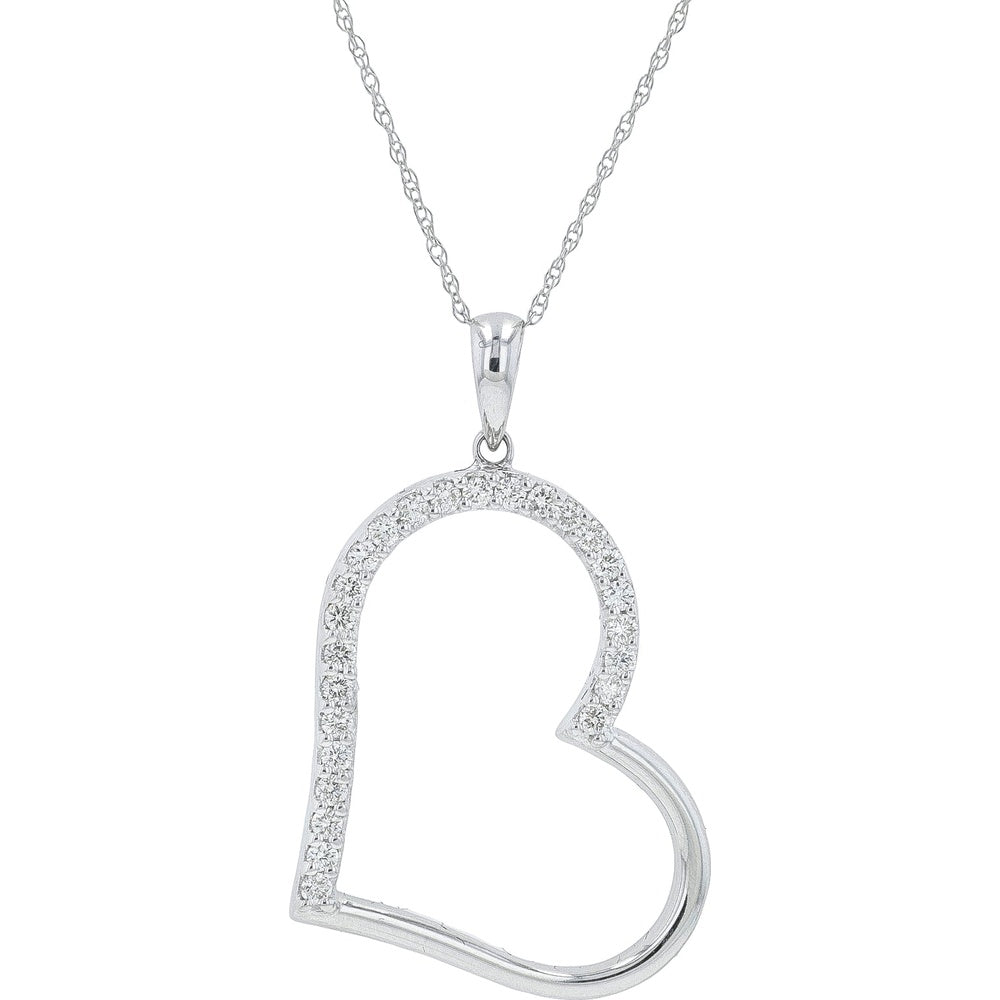 18K White Gold Open Heart Pendant with Micro-Pavé Set Round Diamonds - 0.38 Carat Total Diamond Weight on 18-Inch Chain