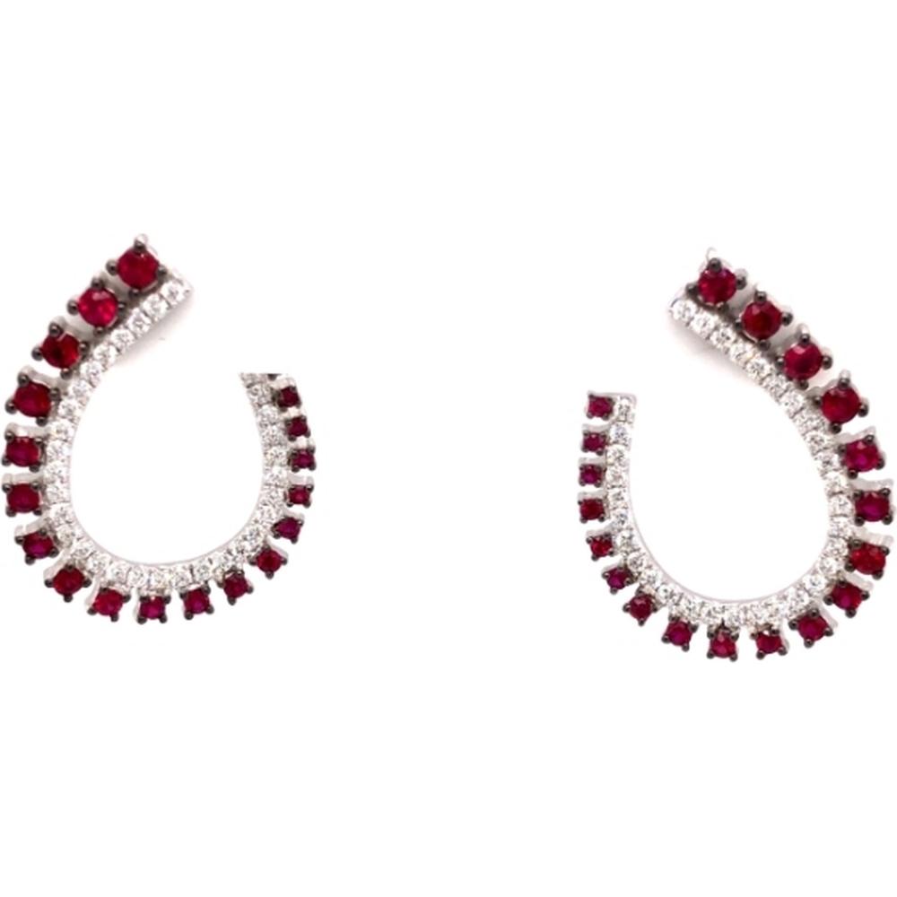 18K White Gold Open Hoop Earrings with Round Rubies and Diamond Accents by Afarin