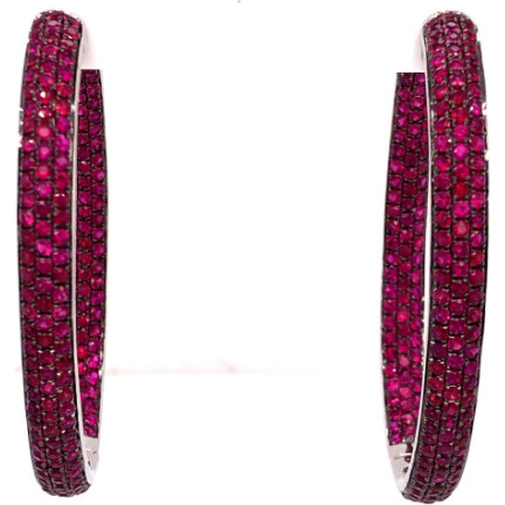 18K White Gold Open Hoop Earrings with Round Rubies by Afarin