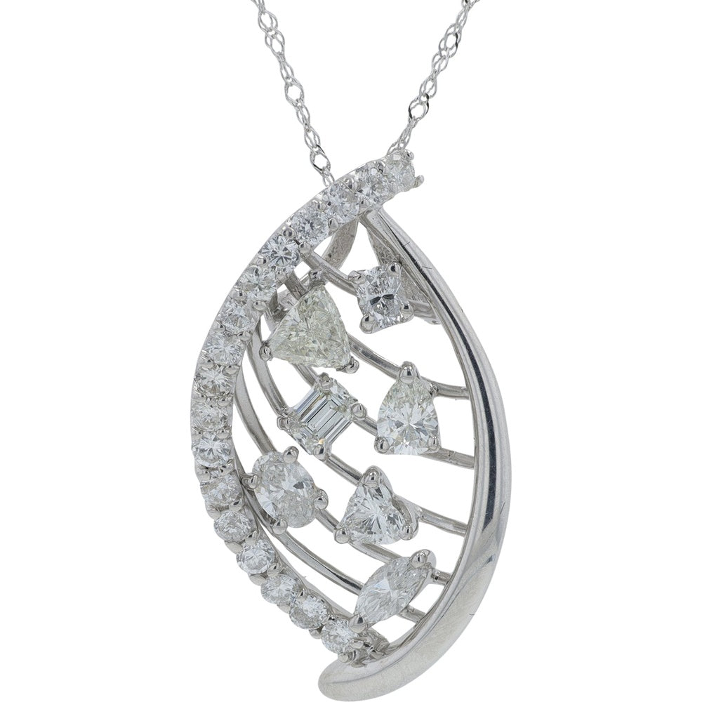 18K White Gold Open Leaf Pendant with Mixed Fancy Cut Diamonds - 1.25 Carat Total Diamond Weight