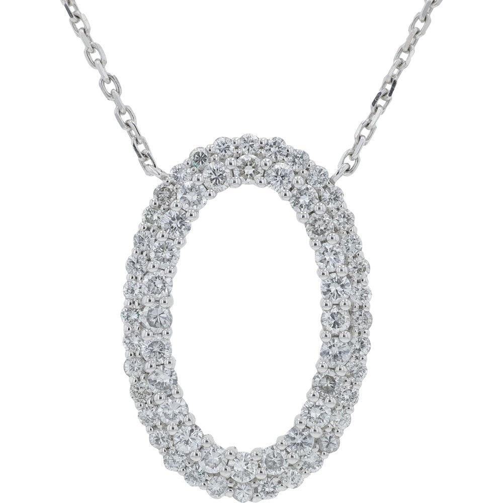 18K White Gold Open Oval Diamond Pendant Necklace with Prong-Set Round Brilliant Diamonds - 1.00 Carat Total Diamond Weight