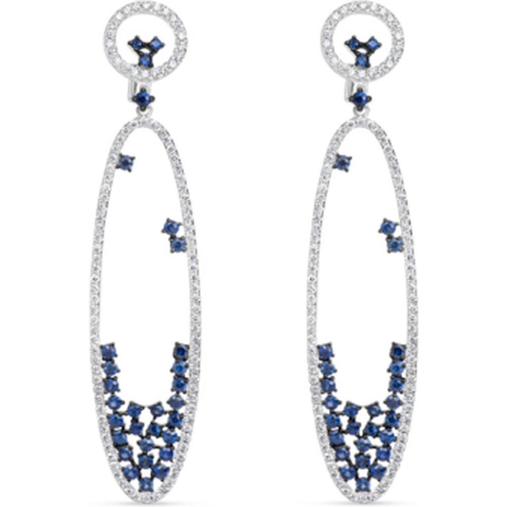 18K White Gold Open Oval Drop Earrings with Diamonds and Blue Sapphires by Afarin