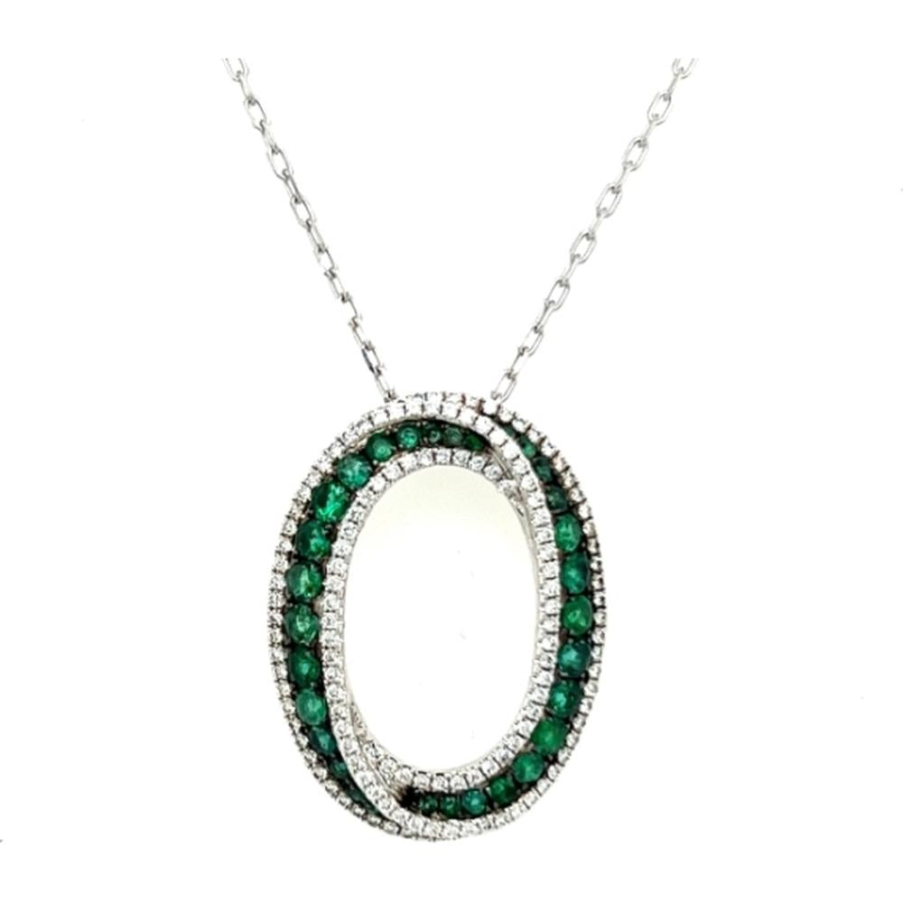18K White Gold Open Oval Pendant Necklace with Emeralds and Diamonds by Afarin