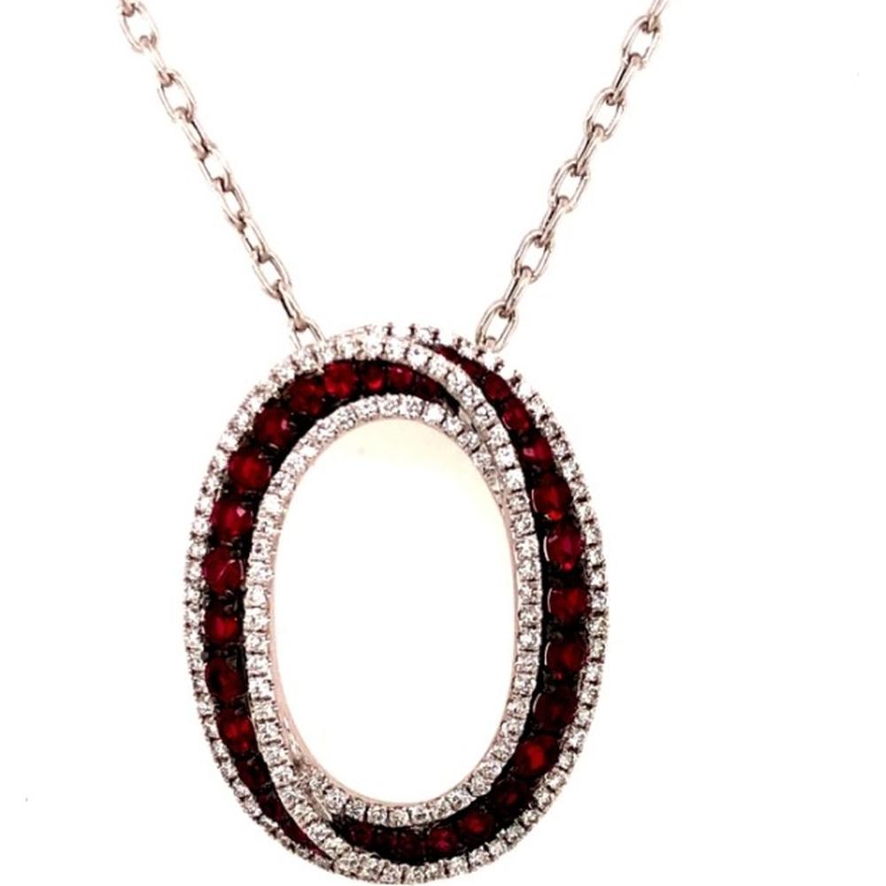 18K White Gold Open Oval Pendant Necklace with Rubies and Diamonds by Afarin