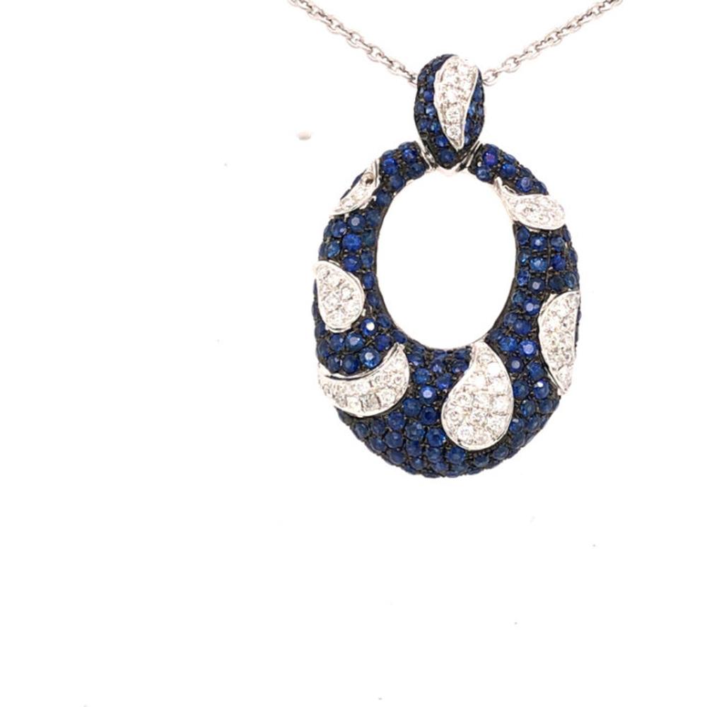 18K White Gold Open Oval Pendant with Pavé Blue Sapphires and Diamond Accents by Afarin