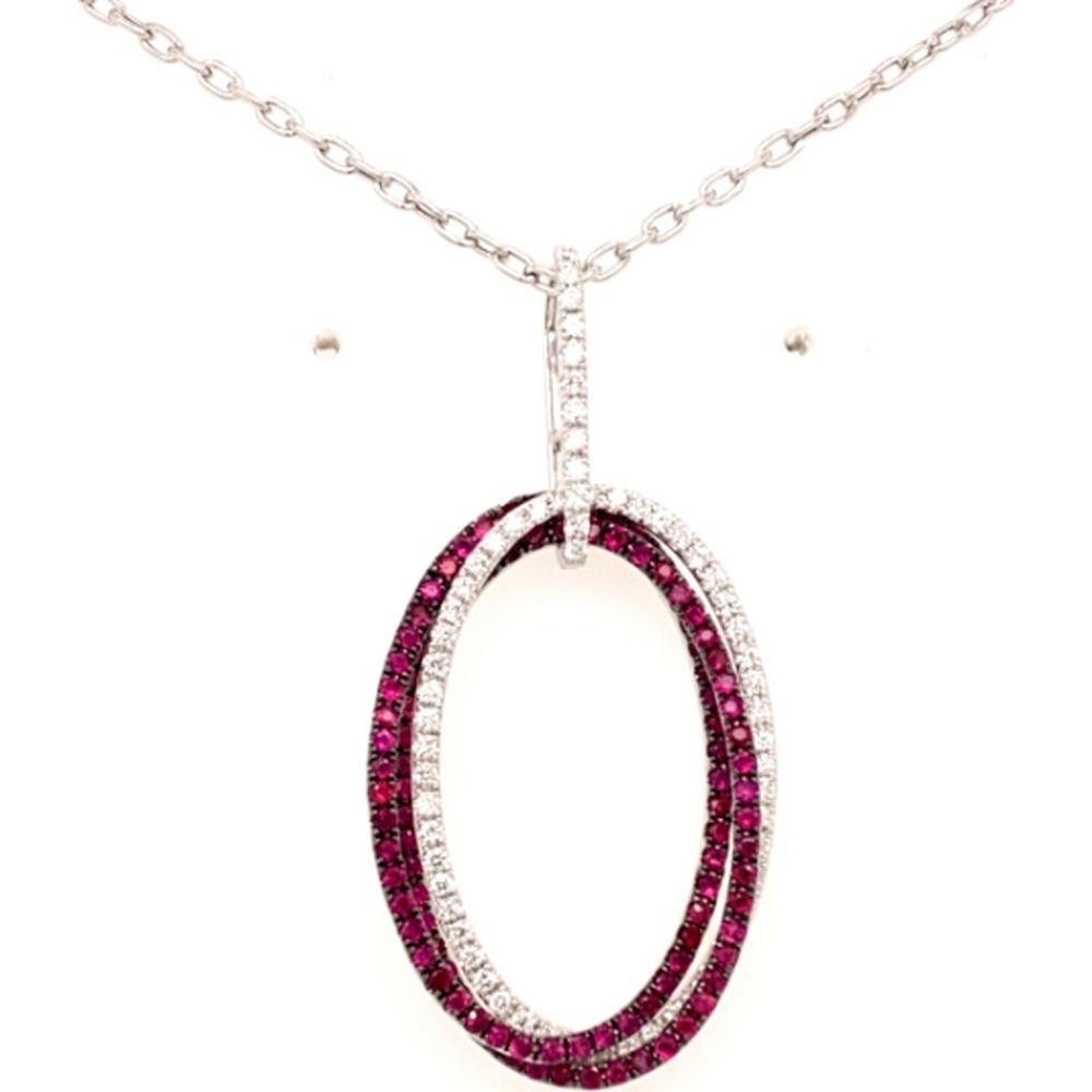 18K White Gold Open Oval Pendant with Rubies and Diamond Accents by Afarin
