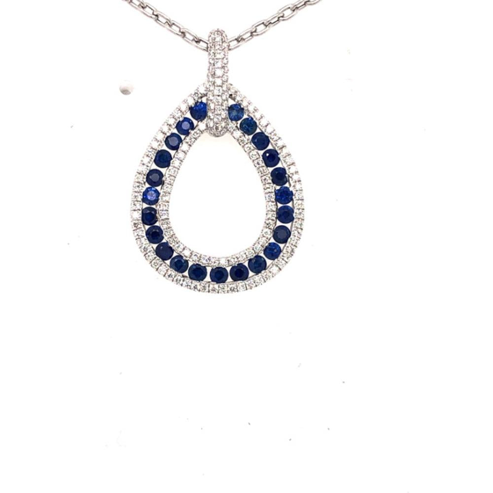 18K White Gold Open Pear Pendant with Round Blue Sapphires and Diamond Halo by Afarin