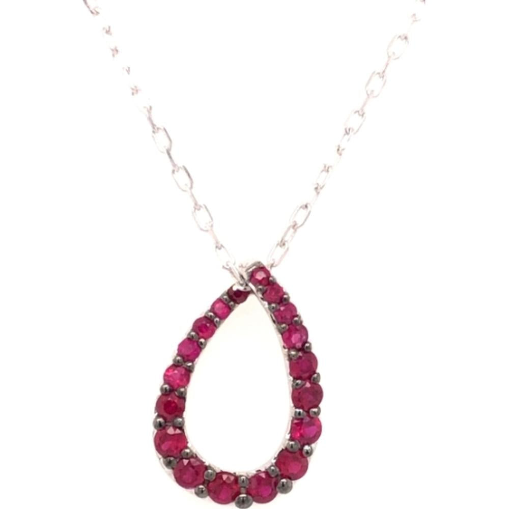 18K White Gold Open Pear Shaped Pendant Necklace with Prong Set Round Rubies by Afarin