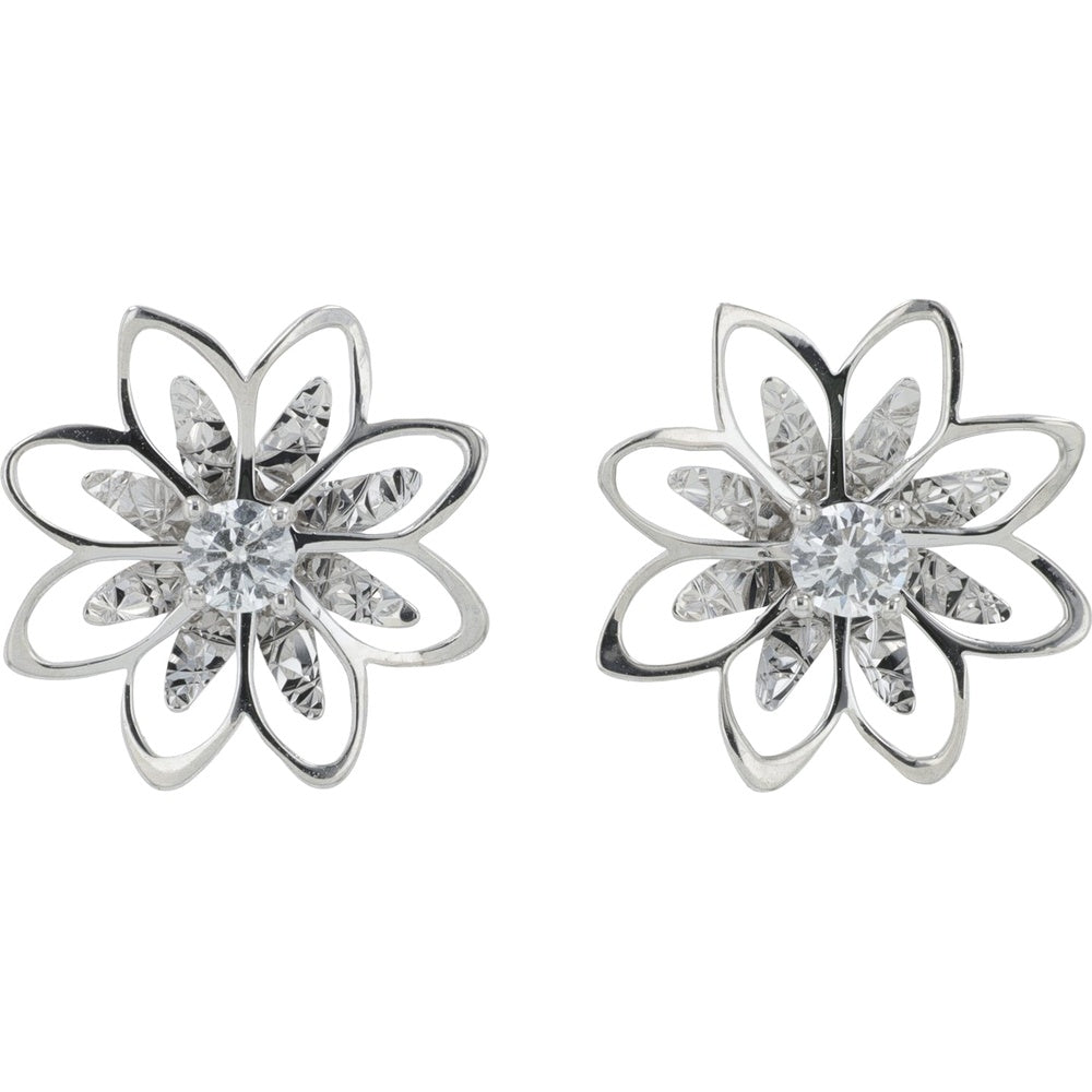 18K White Gold Open-Petal Flower Stud Earrings with Round Lab-Grown Diamonds - 0.25 Carat Total Diamond Weight