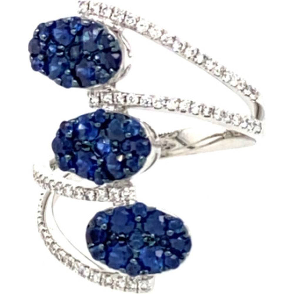 18K White Gold Open Ring with Oval Blue Sapphire Clusters and Pavé Diamonds by Afarin