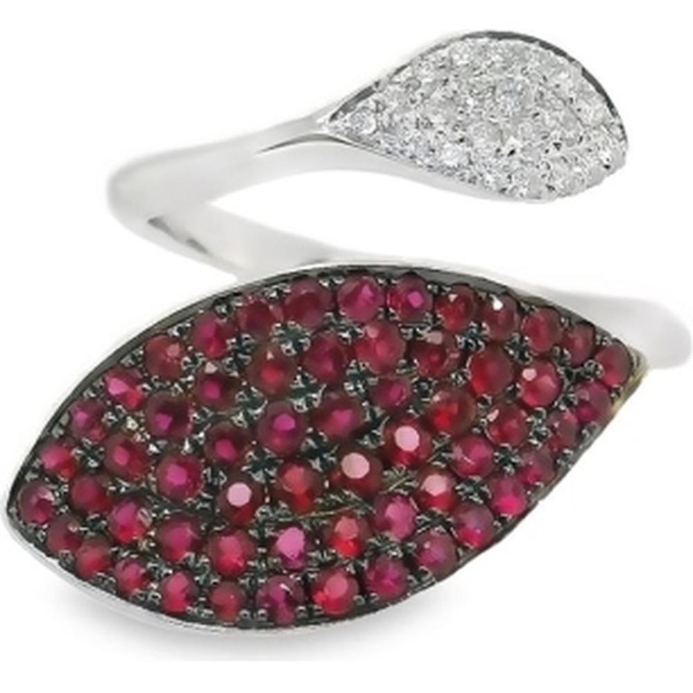 18K White Gold Open Ring with Pear Shape Diamond Accent and Pavé Ruby Center by Afarin