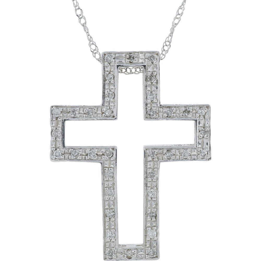 18K White Gold Open Space Cross Pendant with Pave-Set Round Diamonds - 0.22 Carat Total Diamond Weight