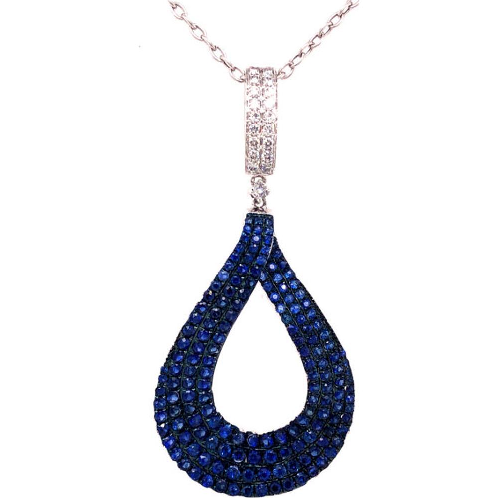 18K White Gold Open Teardrop Pendant with Blue Sapphires and Diamond-Accented Bale by Afarin