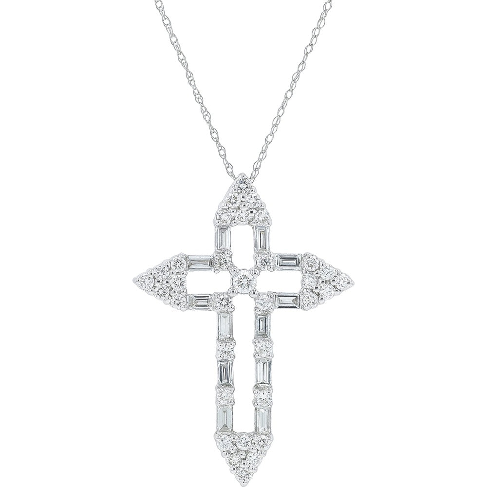 18K White Gold Open-Work Cross Pendant with Round and Baguette Diamonds - 1.25 Carat Total Diamond Weight