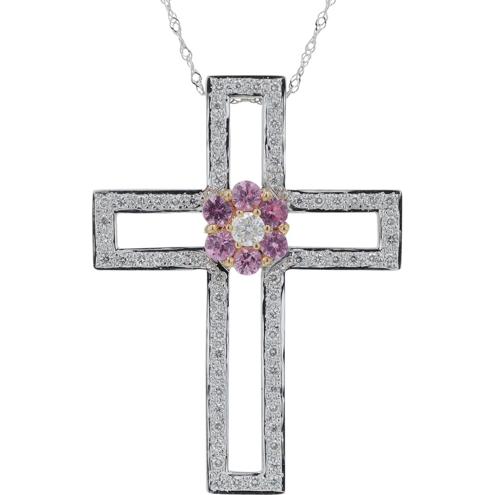 18K White Gold Openwork Cross Pendant with Floral Pink Sapphire and Diamond Cluster - 0.75 Carat Pink Sapphire and 0.63 Carat Diamond Total Weight