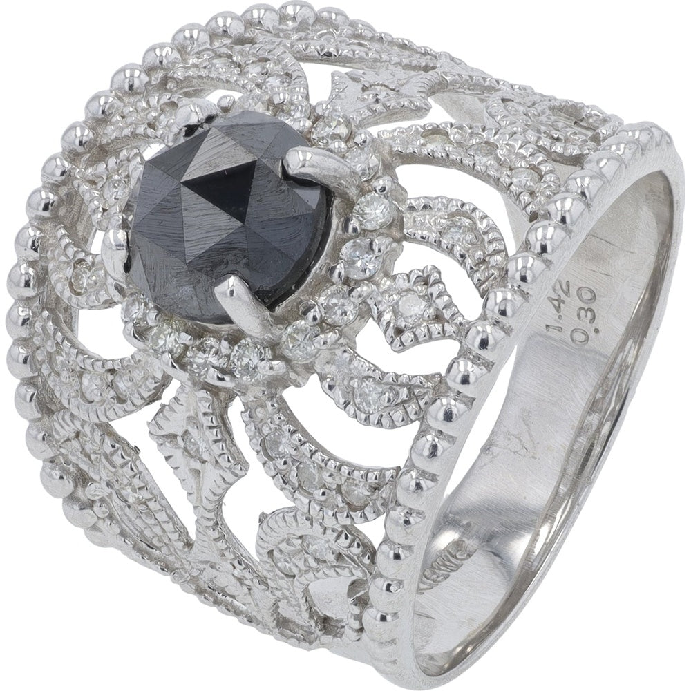 18K White Gold Openwork Filigree Ring with Rose-Cut Black Diamond and Milgrain Details - 1.72 Carat Total Diamond Weight