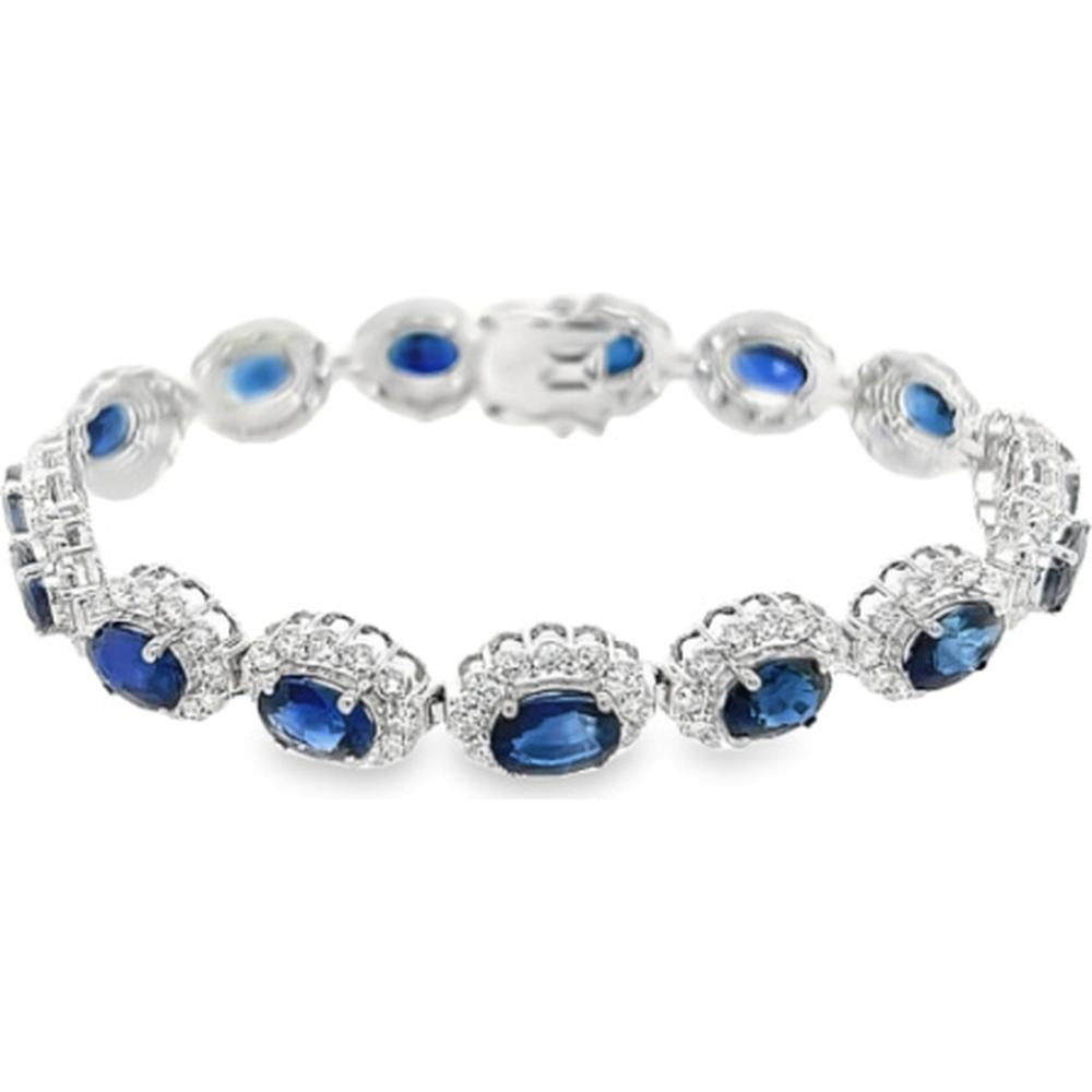 18K White Gold Oval Blue Sapphire and Diamond Halo Tennis Bracelet by Afarin