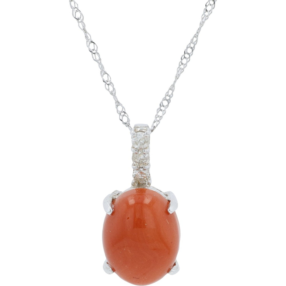 18K White Gold Oval Coral Pendant with Diamond Accented Bail - 2.79 Carat Coral and 0.08 Carat Total Diamond Weight