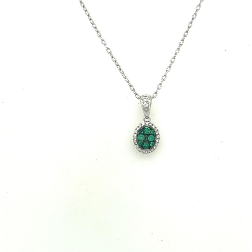 18K White Gold Oval Emerald Cluster Halo Pendant with Diamonds by Afarin