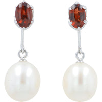 18K White Gold Oval Garnet & Pearl Drop Earrings - Total Garnet 1.0 Carat & Pearl Accents