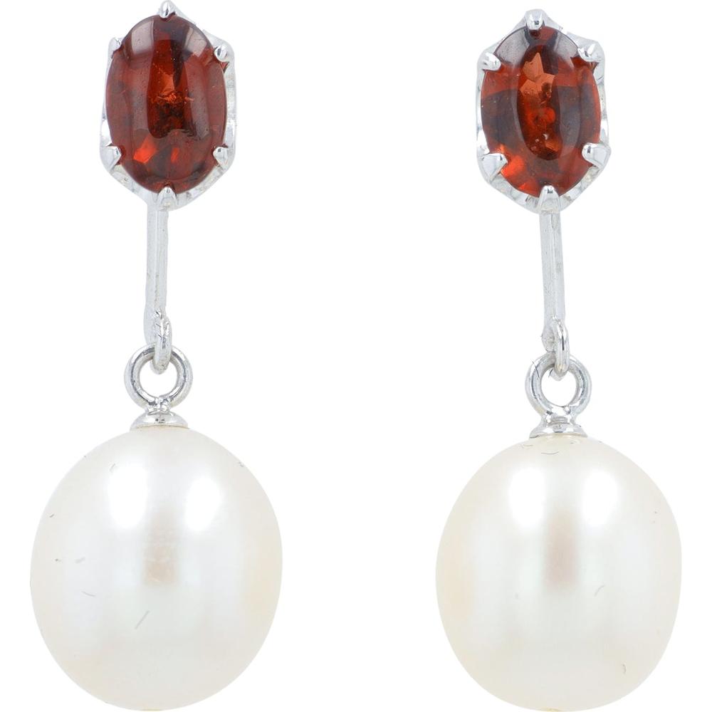 18K White Gold Oval Garnet & Pearl Drop Earrings - Total Garnet 1.0 Carat & Pearl Accents