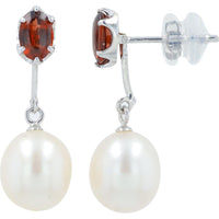 18K White Gold Oval Garnet & Pearl Drop Earrings - Total Garnet 1.0 Carat & Pearl Accents