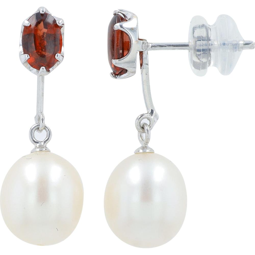18K White Gold Oval Garnet & Pearl Drop Earrings - Total Garnet 1.0 Carat & Pearl Accents