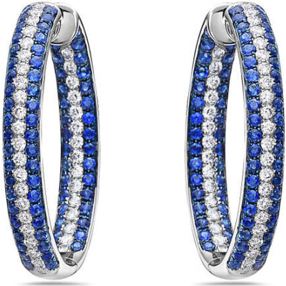 18K White Gold Oval Hoop Earrings with Blue Sapphires and Diamonds by Afarin