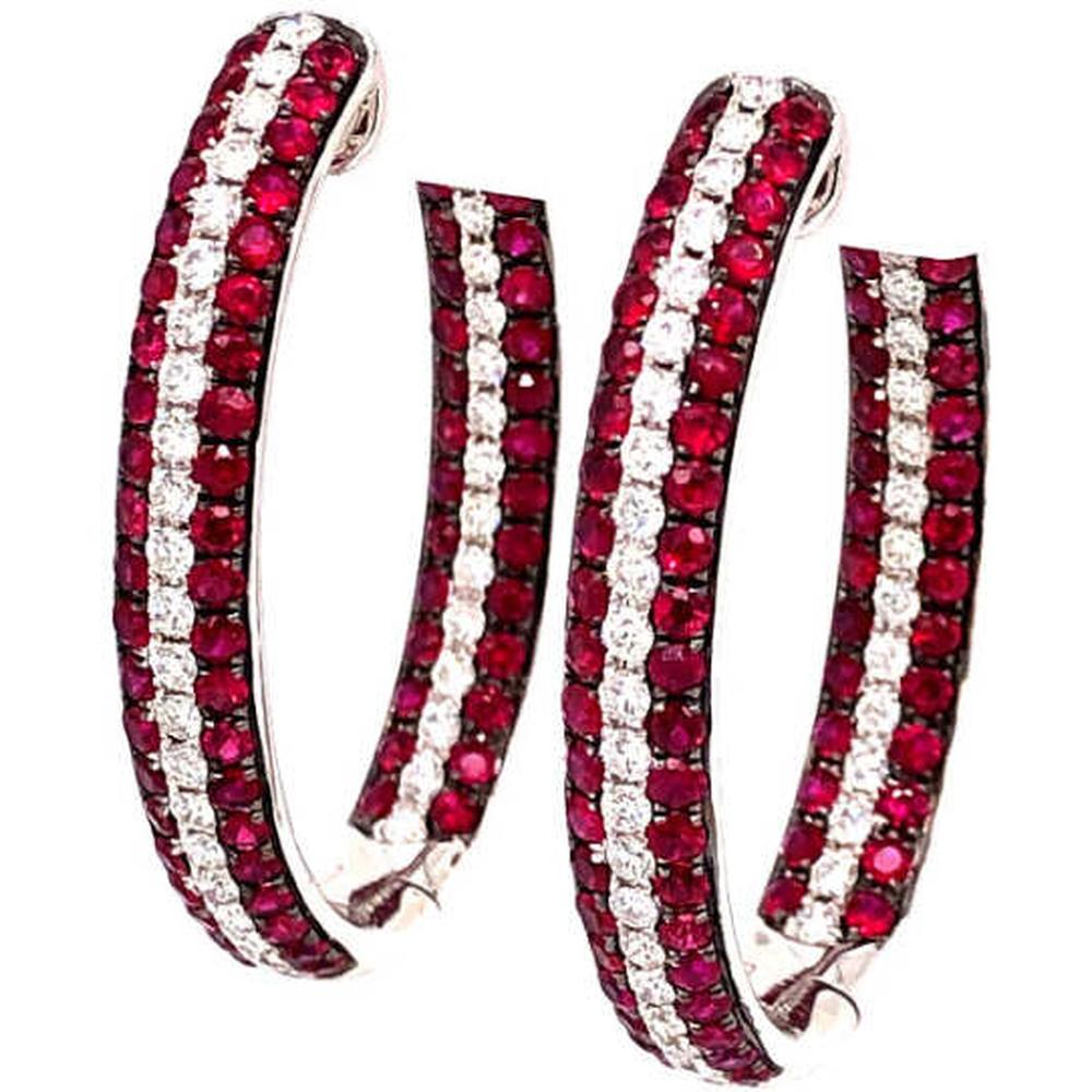 18K White Gold Oval Hoop Earrings with Round Rubies and Center Line Diamonds by Afarin